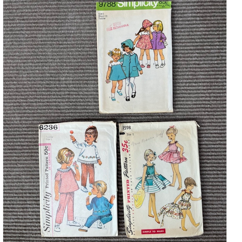 Vintage Simplicity Toddler Patterns Lot‎ 9788 6236 1598 Size 1 Dress Coat Pants